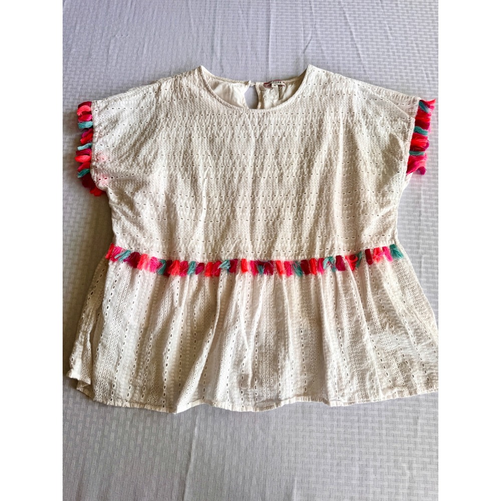 Andree by Unit White Eyelet Tassel Boho Top Plus Size 1X P1500-1 CS